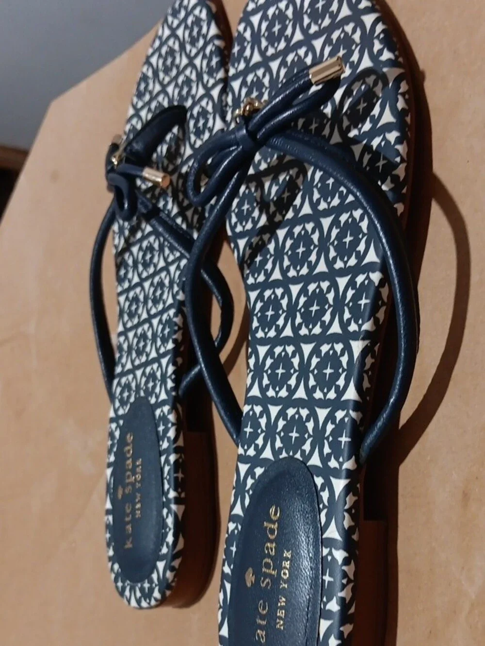 kate spade Navy & White Patterned Bow-Trim Slide Sandals